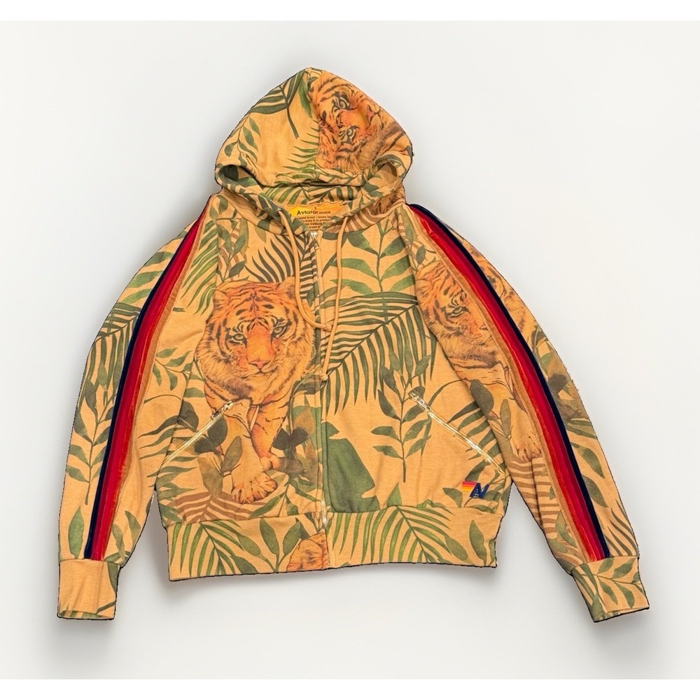 RARE Aviator Nation Tiger Jungle Classic Full Zip Hoodie Gold Tan Size Small